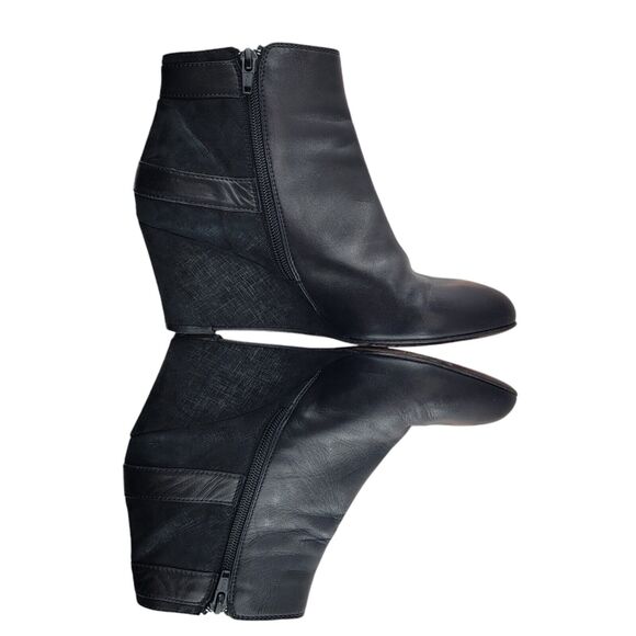 AGL Wedge Heel Ankle Booties Womens 37.5 7.5 Black Leather Rocker Glam Buckles - Picture 7 of 13